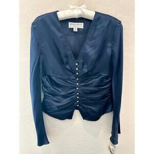 🆕 DONNA RICCO | Petite Dark Blue Silk Corset Fitted Long Sleeve Blouse | 10